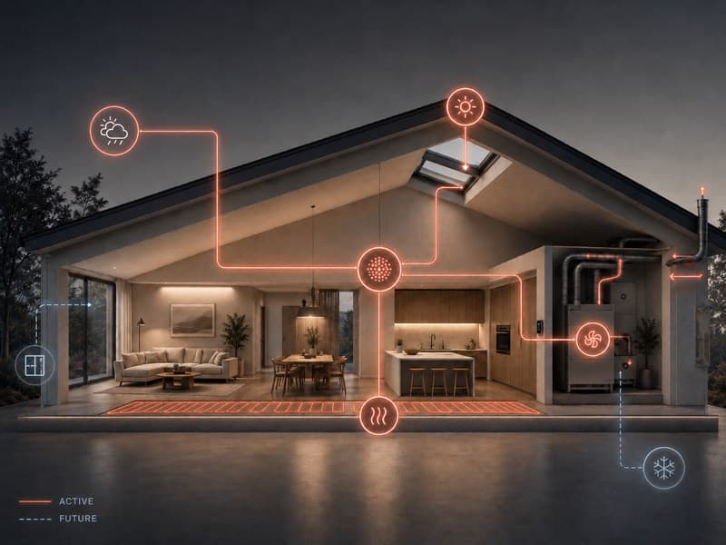 The home at night, lit from inside, with the connections between its heating, ventilation, windows and shading drawn across it.