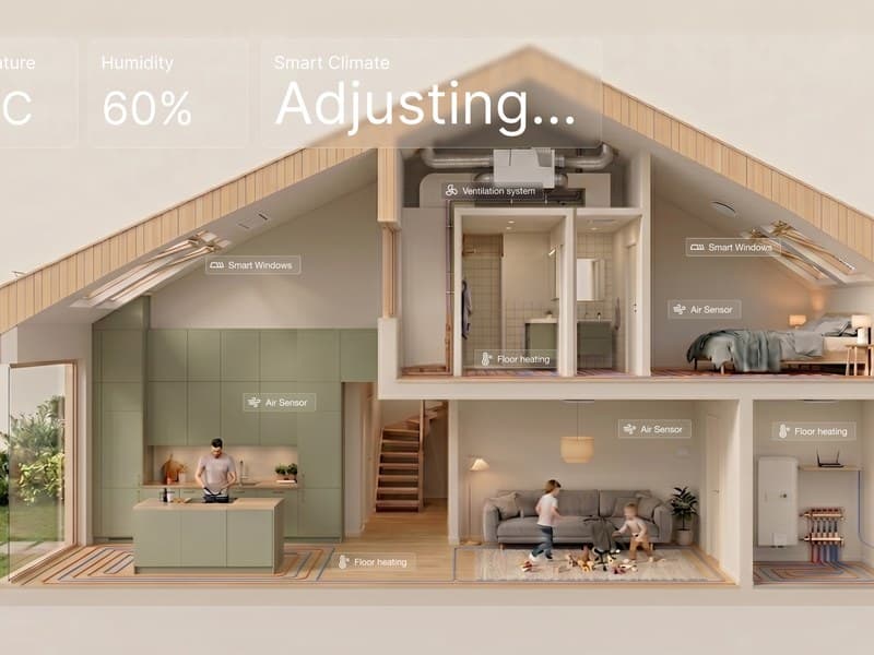 Cutaway of the home with its current readings shown beside it, twenty five degrees and sixty percent humidity, adjusting.