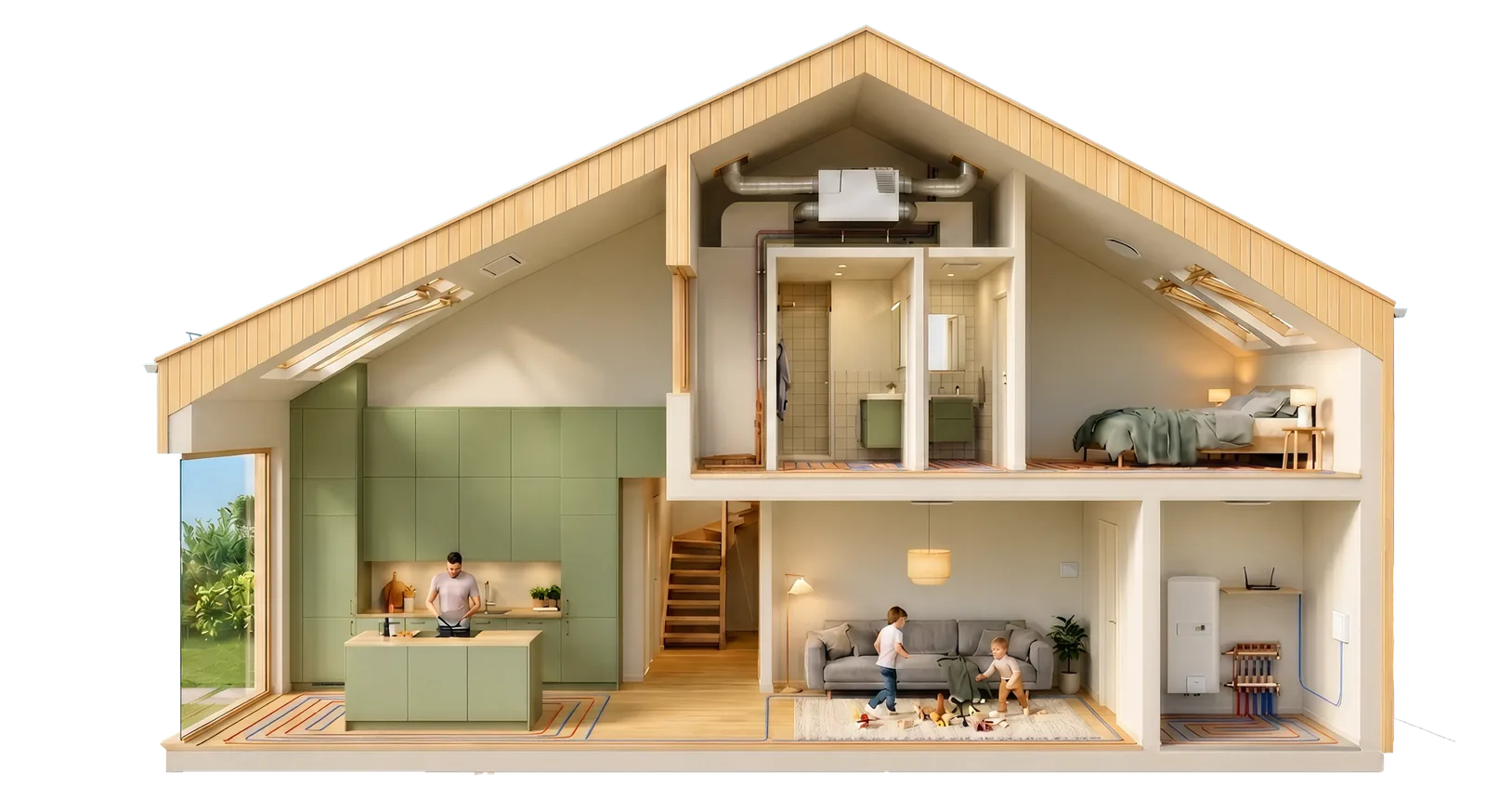 The same home with SmartClimate running: roof windows open, shading down, ventilation moving air and the underfloor loops warm.