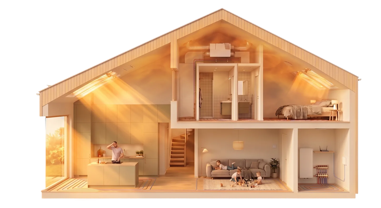 Cutaway of a family home on a hot day, the sun beating into every room, the windows shut and nothing reacting.