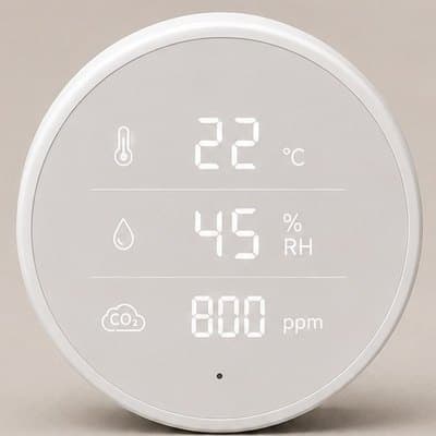 A round white room sensor, its face reading twenty two degrees, forty five percent humidity and eight hundred parts per million of carbon dioxide.